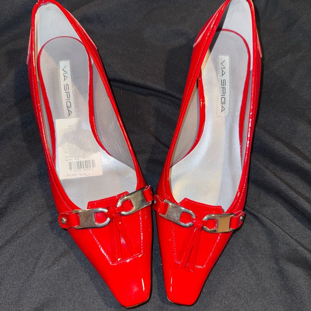 Vintage Via Spiga square-toe kitten heels in glossy red patent leather